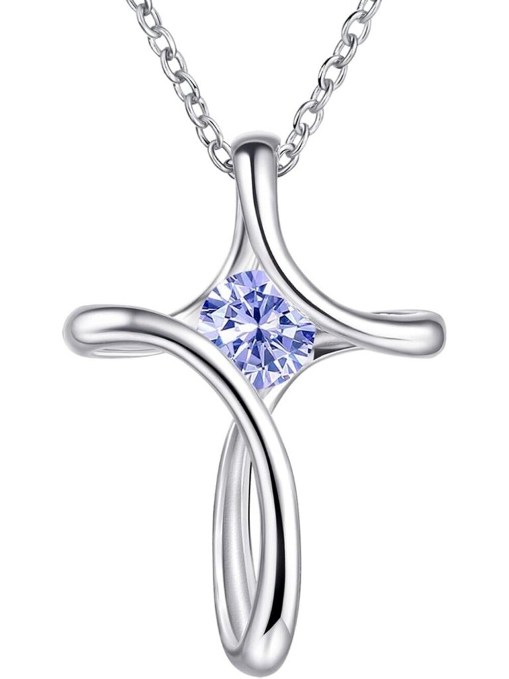 Women's Purple Diamond Sideways Sterling Silver Birthstone Cross Necklace Chain